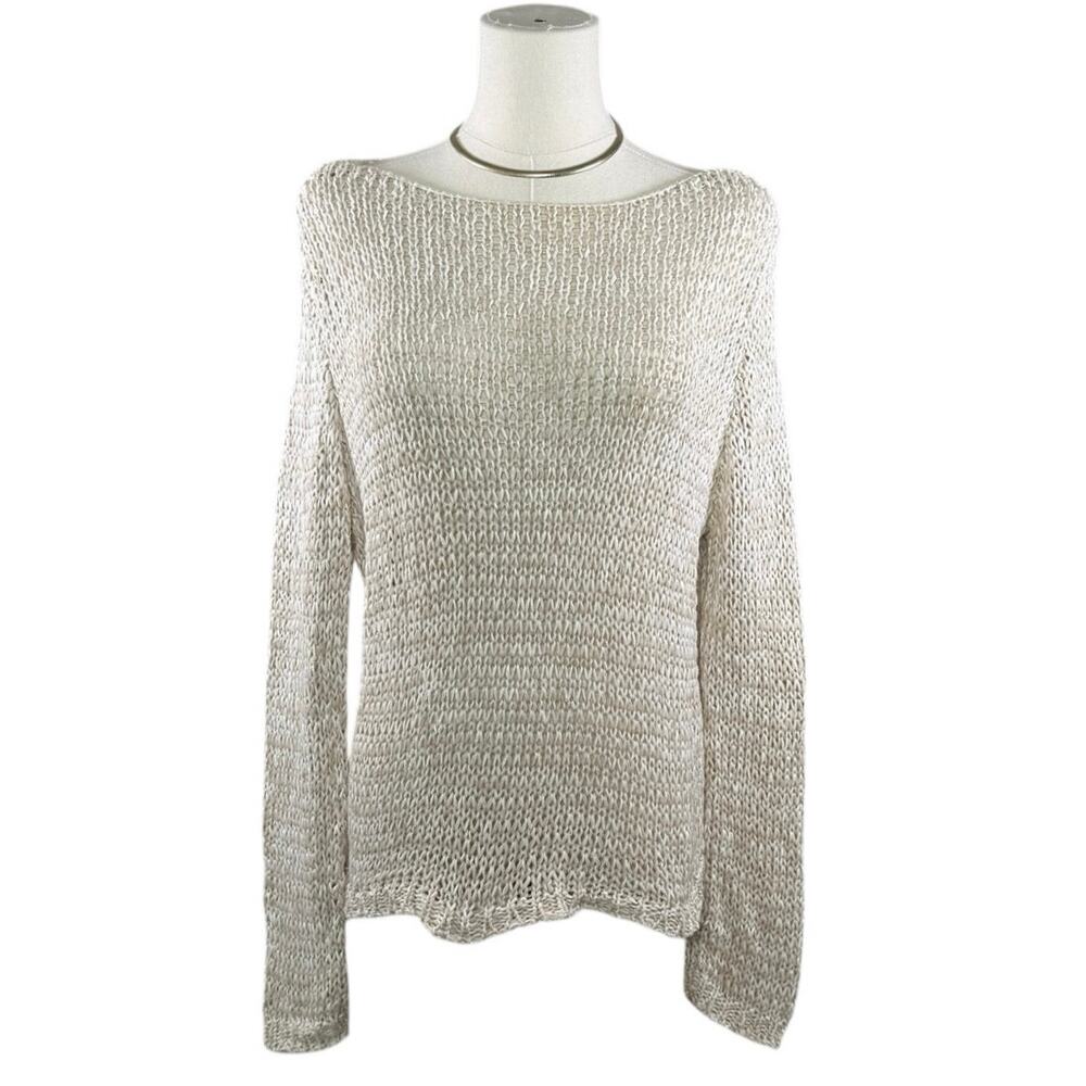 Eileen Fisher Organic Cotton Open Knit Pullover Sweater Neutral Coastal Boho M